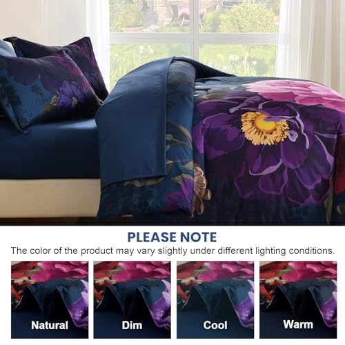 WONGS BEDDING Blue Comforter Set King Size, 7 Pieces Floral Bed in a Bag Set, Navy Blue and Pink Flower Bedding Set, Soft Microfiber for All Season with Pillowcases & Shams,Sheets(90"×104") WONGS BEDDING