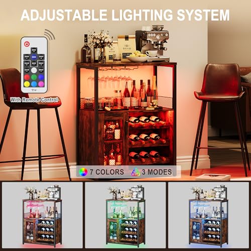IDEALHOUSE Wine Bar Rack Cabinet with Light, Adjustable Shelves Coffee Bar Cabinet with Mesh Door and Baffle Design, 36 in Tall Small Liquor Bar Cabinet for Home, Kitchen, Dinning Room, Rustic Brown IDEALHOUSE