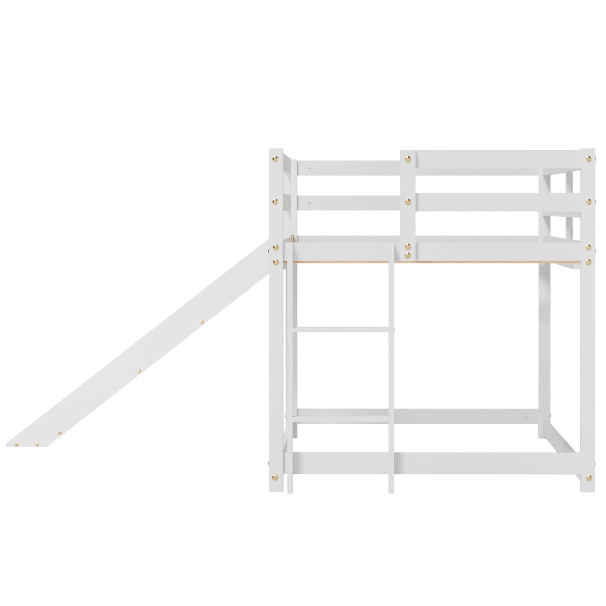 MU Twin Bunk Bed with Slide, Wood Low Bunk Bed Frame with Climbing Ladder & Safety Guard Rail, Floor Loft Bed with Lower Storage Space for Kids Toddler, White MU