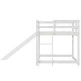MU Twin Bunk Bed with Slide, Wood Low Bunk Bed Frame with Climbing Ladder & Safety Guard Rail, Floor Loft Bed with Lower Storage Space for Kids Toddler, White MU