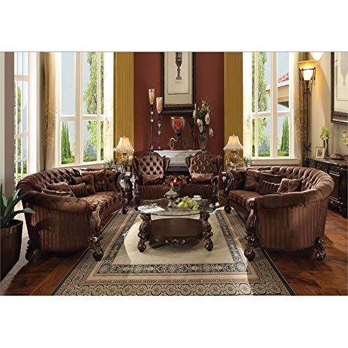 Acme Versailles Sofa with 5 Pillows in Brown Velvet and Cherry Oak Acme