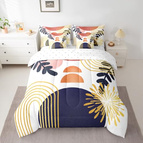 Boho Mid Century 7 Piece Comforter Set Full Bed in a Bag,Abstract Geometric Modern Minimalist Bedding Sets Geometric Line Art Sheet Set with Comforter,Circle Graphic Ombre Stripes Bed Set,Orange Blue Erosebridal
