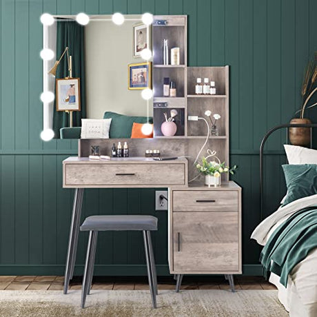 VINGLI Vanity Desk with Sliding Mirror & Lights & Charging Station & Drawers & Shelves & Door, Farmhouse Modern Makeup Vanity Set with Stool (Rustic Gray, 39'' x 16'' x 63'', Bench Included) VINGLI