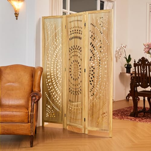 Svimi Room Divider Wood Carved Wall Divider Indoor Folding Bohemian Style Portable Partition Screen for Home Office Garden Terrace - 3 Panels (Natural) Svimi
