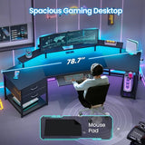 Itaar 79" Gaming Desk with 2 Fabric Drawers, Long Computer Desk with Power Strip & LED Lights, U Shaped Desks with Storage and Cup Holder, Large Gaming Table for Bedroom, Carbon Fiber Black Itaar