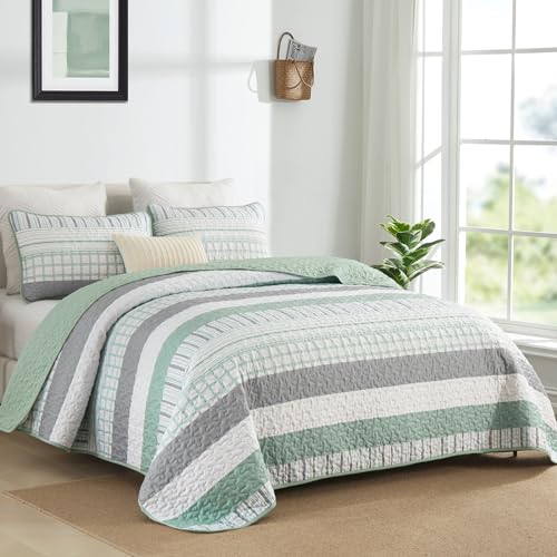 DJY Striped Quilt Set King Size, Sage Green Boho Bedspread Set 3 Pieces Patchwork Coverlet Bedding Set Lightweight Soft Microfiber for All Season (104"x90") DJY