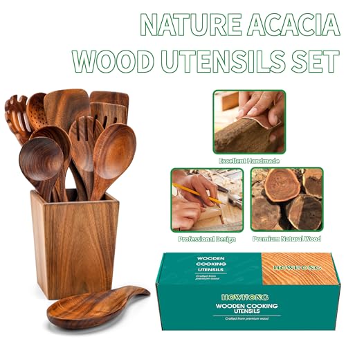 Wooden Spoons for Cooking, Acacia Wood Cooking Utensils Set – 11 Piece Wooden Kitchen Tools with Holder, Spoon Rest, Nonstick Cookware Safe by HOWHONG - WoodArtSupply