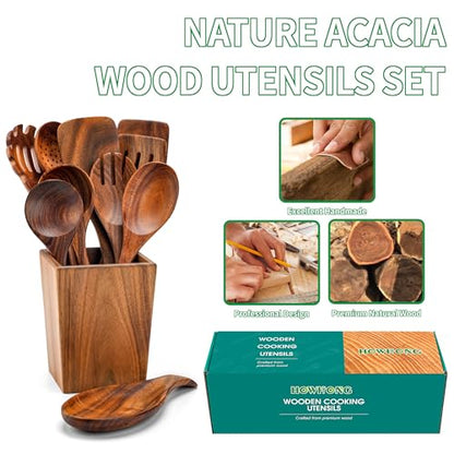 Wooden Spoons for Cooking, Acacia Wood Cooking Utensils Set – 11 Piece Wooden Kitchen Tools with Holder, Spoon Rest, Nonstick Cookware Safe by HOWHONG - WoodArtSupply