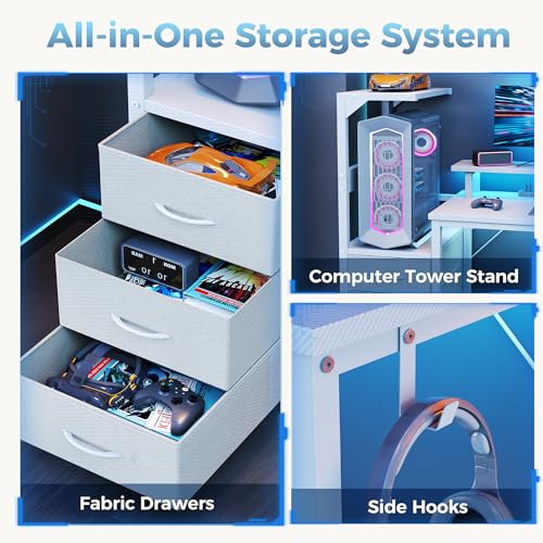 DUMOS L Shaped Gaming Desk with Shelves Storage Drawers 52'', White Computer Desks with LED Lights Power Outlets, Office Wood Table with PC Stand Cable Management for Bedroom Dual Monitor Streaming DUMOS