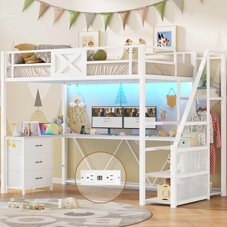 Itaar Stairway Twin Size Loft Bed with L Shaped Desk and Wardrobe, Metal Loft Bed Frame with Stairs, 3 Fabric Drawers, LED Lights & Charging Sation, No Noise & No Box Spring Needed, White Itaar