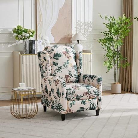 KISSLIVE Push Back Recliner Chair with High Back, Blue Floral Print Fabric Upholstery, Classic Wing Back Design, 250 LBS Capacity (Beige) KISSLIVE