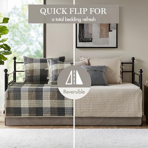 Madison Park Ridge Daybed Cover Set - Cabin Lodge Plaid Herringbone Print Reversible Design, All Season Luxury Bedding with Bedskirt, Matching Shams, Decorative Pillow, 39"x75", Neutral 6 Piece Madison Park