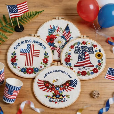 BBLYBD 4th of July Embroidery Kit, 4 Set Patriotic Cross Stitch Craft Kits for Beginners with Pre-Printed Embroidery Fabric, Hoops, Step-by-Step Instructions, Color Threads & Needles (Red White Blue) BBLYBD