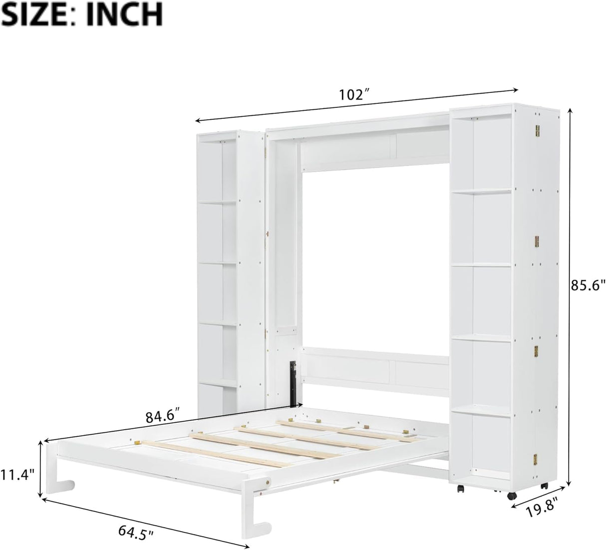 Foldable Queen Murphy Bed Cabinet with Storage Bookshelf Bookcase, Wood Hidden White Murphy Wall Bed with Storage Shelves for Adults MERITLINE