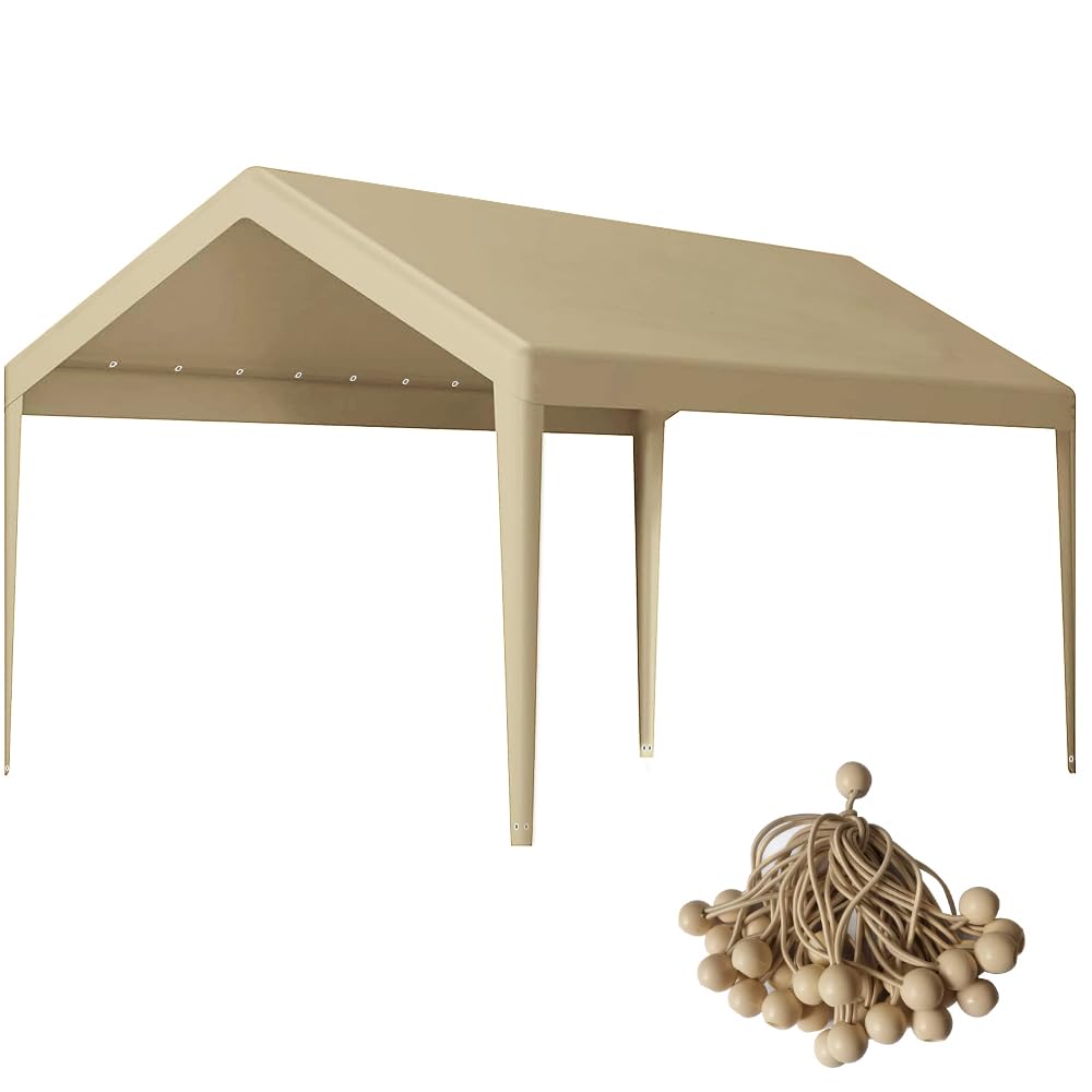 Rutile 10 x 20 FT Carport Replacement Cover, Heavy Duty Car Tarp Canopy Tent Garage Top Shelter Cover with Fabric Leg Pole Skirts and Ball Bungees Beige (Only Top Cover, Frame is not Included) Rutile