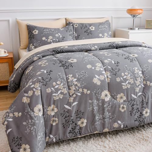 AIKASY Grey King Bed in a Bag 7-Pieces, Comforter Set with Sheets,Tree Branches and Flowers Printing Design,Ultra Soft Down Alternative All Season Bedding Set(King, Grey) AIKASY