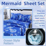 MAG 4Pcs Mermaid Full Size Sheet Sets,Blue Ocean Sheets,Kids’ Microfiber Bedding Sheet Set 1 Fitted Sheet 14''Deep Pocket +1 Flat Sheet+2 Pillowcases for Toddler Boys and Girls,Breathable and Wrinkle. MAG