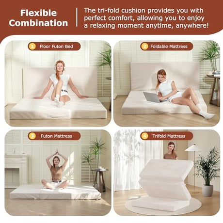 6-Inch Tri-Fold Foldable Mattress, Folding Sofa Bed with Removable Washable Cover, Portable Futon Mattress Full Size Floor Guest Mat with Non-Slip Bottom & Carry Handles for Camping (Beige, Full) AOLVDOW