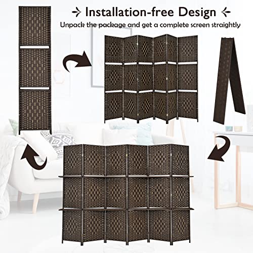 Giantex 6Ft 6 Panel Room Divider with Shelves, Freestanding Hand-Woven Rattan Folding Privacy Screens for Room Separation, Wooden Partition Room Divider Wall for Home Office Studio Separator Giantex