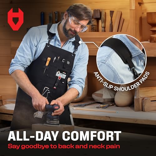 NoCry Heavy Duty Work Aprons For Men with Reinforced Pockets, Magnet Holders & Durable Stitching — Ideal Tool Apron or Woodworking Apron for Men with Padded Shoulder Pads & Quick-Release Buckles NoCry