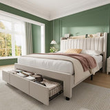 GarveeHome Upholstered Bed Frame with Storage Headboard and Charging Station, Platform Bed Frame with Drawers, Heavy Duty, No Box Spring Needed, Easy Assembly, Beige, Queen Size GarveeHome