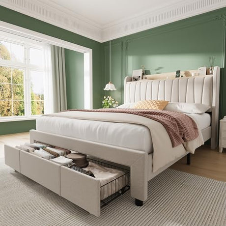 GarveeHome Upholstered Bed Frame with Storage Headboard and Charging Station, Platform Bed Frame with Drawers, Heavy Duty, No Box Spring Needed, Easy Assembly, Beige, Queen Size GarveeHome