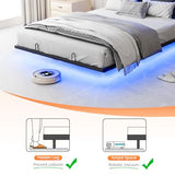 VINGLI Floating Bed Frame Queen with Charging Station,RGB LED Lights, Metal Platform Bed with Upholstered Headboard, Adjustable Height, Gray VINGLI