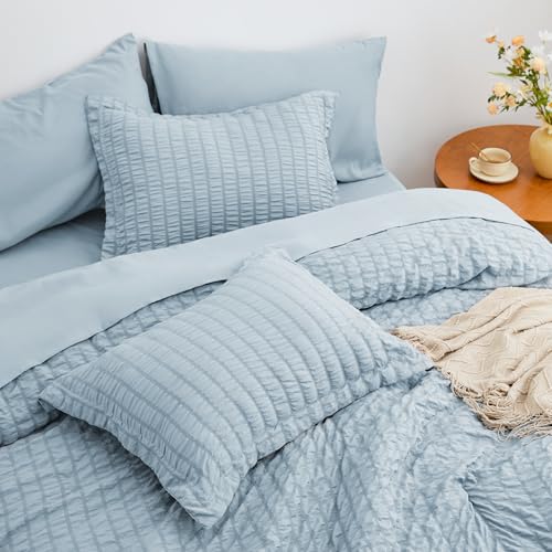 Love's cabin Seersucker Light Blue Twin Comforter Set, 5-Piece All Season Lightweight Bed in a Bag Bedding Set with Comforter, Flat Sheet, Fitted Sheet, Pillowcase and Sham Love's cabin