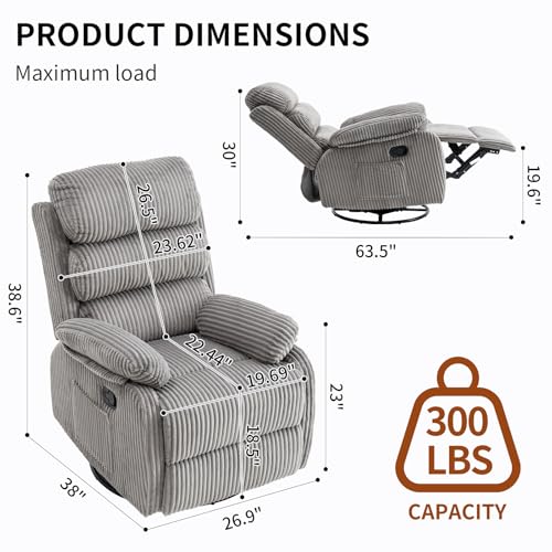 Seanrum Plush Premium Velvet 360° Swivel Rocker Recliner Chair - High Back Glider with Generous Footrest, Supportive Armrests & Side Pocket for Nursery, Living Room & Small Spaces Grey