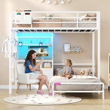 DICTAC Twin Over Twin Bunk Bed with Desk,Led Lights and Charging Station Metal L-Shaped Bunk Beds with Storage Drawers and Shelves, Loft Bed with Safety Guardrail and Ladder for Kids and Teen,White DICTAC