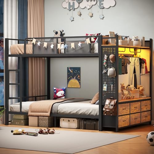 Itaar Metal Bunk Bed Full Over Full with Hall Tree, Power Outlet, LED Bunk Bed with 6 Storage Drawers, Bed with 13‘’ Safety Guardrail & Ladders for Kids and Teen, 400lb Weight Capacity, Rustic Brown Itaar