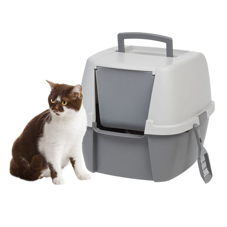 IRIS USA Jumbo Cat Litter Box Enclosure with Front Door Flap and Scoop, Hooded Kitty Litter Tray with Handle and Buckles for Portability and Privacy, Gray IRIS