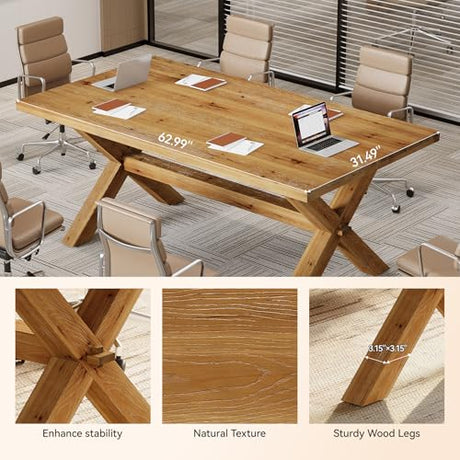 TRIBEWOOD 5.25 FT Solid Wood Conference Table for 4-6 People, Rectangle Meeting Seminar Table with Large Tabletop, Reinforced X-Shaped Legs and Crossbeams for Office Conference Room, Natural Wood TRIBEWOOD