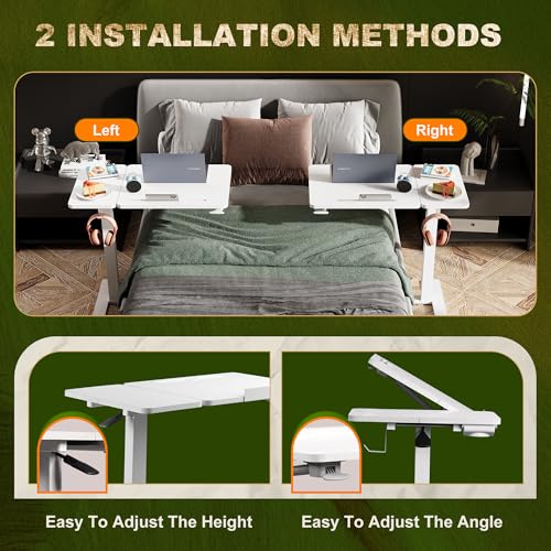 EKNKOZY Standing Desk, Medical Overbed Table with Rolling Tray, Dual Pneumatic Angle and Height Adjustable Desk, Portable Side Table with Hidden Wheels, Home & Hospital Use, White EKNKOZY