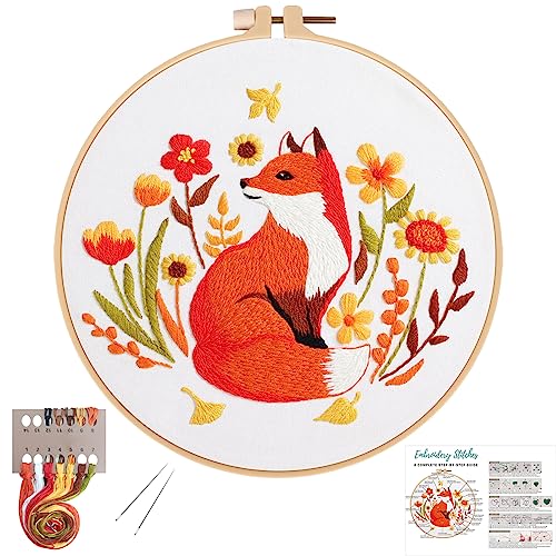 Louise Maelys Fall Fox Embroidery Kits for Beginners with Autumn Animal Pattern,Adults Starter Cross Stitch Kit DIY Needlepoint