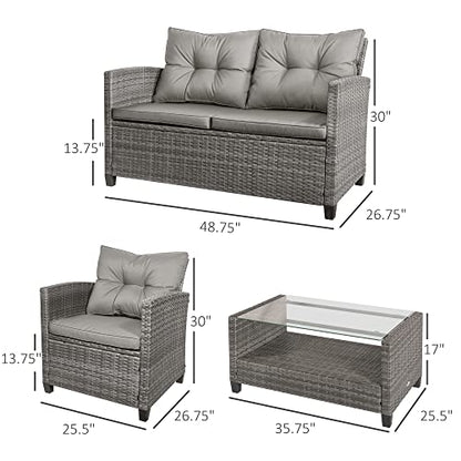 Outsunny 4 Pieces Patio Furniture Sets with Cushions, PE Rattan Wicker Conversation Chairs with Two-Tier Coffee Table for Backyard Porch Garden Poolside and Deck, Gray - WoodArtSupply