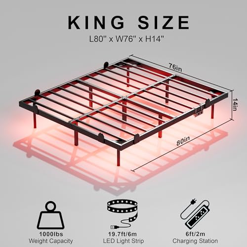 LUKIROYAL Floating Bed Frame King Size with Smart LED Lights and Charging Station - 14 Inch Modern Floating Beds, Bed Frame with Lights, Easy Assembly No Box Spring Needed LUKIROYAL