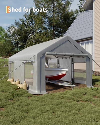 GarveeLife 10x20 ft Portable Garage, Car Port with 200 g PE Tarp Cover, with Front & Rear Roll-Up Doors and 4 Windows, for Temporary Paint Booth, Boats&Pickups Shed, and Event Shelter, White GarveeLife
