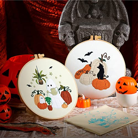 Yuxung 5 Sets Embroidery Kit for Beginners Adult Fall Thanksgiving Embroidery with Pumpkin Maple Leaf Pattern DIY Starter Needlepoint Kit with Embroidery Hoop Thread Needle for Halloween Craft Lover Yuxung