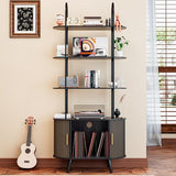 Tall Vinyl Record Player Stand, Black Small Record Storage Cabinet, 4 Tier Arched Bookshelf with Sliding Doors, Fluted Media Display Shelf, Mid Century Modern Turntable Stand for Living Room, Retro Woemtoric
