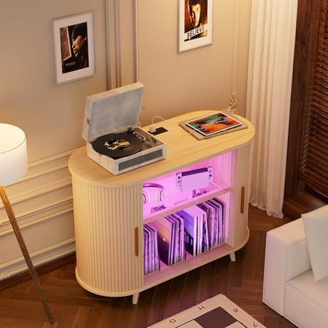 YKVIQBY 39" Record Player Stand with Vinyl Storage,Large Turntable Stand Holds up to 300+ Albums,Record Player Table,Stereo Cabinet with Open Storage,Charging Station & LED Lights,for Living Room,Oak YKVIQBY