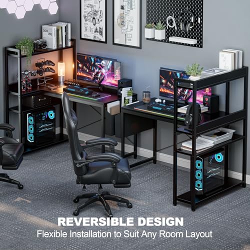 Grandder 40 Inch L Shaped Computer Desk with Reversible Storage Shelves, Home Office Corner Desk Study Writing Table with Hutch, Study, Black Grandder