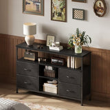 Sweetcrispy TV Stand Dresser for Bedroom 4 Drawers Entertainment Center with LED Lights and Power Outlets Media Console for 50 Inch TV Living Room Furniture with Open Shelf Adjustable Feet, Black Sweetcrispy