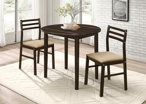 Coaster Home Furnishings 3-Piece Round Wood Dining Room Set Drop Leaf Extension Table Ladder Back Side Chairs Upholstered Seat Cushions Cappuccino and Tan 130005 Coaster Fine Furniture