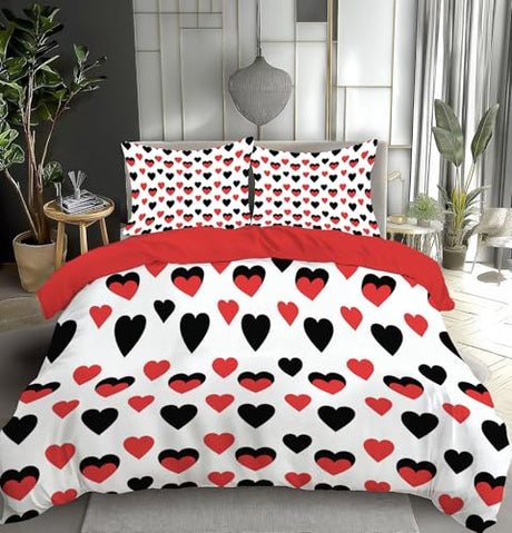 DLERFLOVR Single Duvet Cover, Black and Red Heart Reversible Quilt Cover - So Soft Polyester Fabric - Minimalist Style Bedding Sets with Pillow Cases for Boys, Girls and Children, Red DLERFLOVR