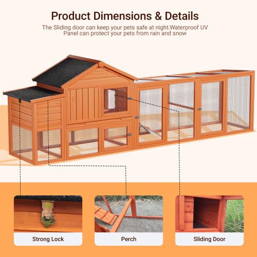 113.5" Large Wooden Chicken Coop Outdoor Big Hen House Poultry Pet Duck Hutch with Run Cage Nesting Box Waterproof Asphalt Roof Ramp Removable Tray Wire Fence for Backyard Small Animals - Natural HAUSPROFI