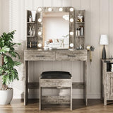 Vabches Vanity Desk with Mirror and Lights,Makeup Vanity Table with Charging Station,2 Drawer Bedroom Dressing Table with 3 Colors Modes Dimming & Cushioned Stool,Light Rustic Oak Vabches