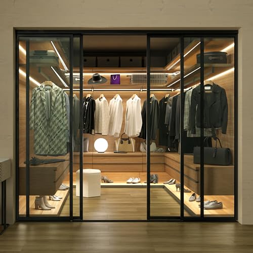 Doors55 4 Panel Glass Room Divider and Sliding Glass Closet Doors - Smoked Frosted Partition Wall - Clear, Smoked and Frosted Glass Sliding Doors Options (Clear Glass, 96x96) Doors55
