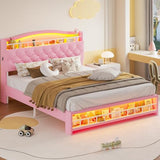 HAUOMS Full Bed Frame with LED Lights, Princess Velvet Upholstered Platform Bed for Girls, Headboard with Charging Station & Guardrail & Crystal Button, No Box Spring Needed, Pink HAUOMS