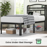 QEROMY Twin Size Bed Frame - Storage Headboard with Charging Station, Easy Assembly, 18 inch Heavy Duty Metal Platform Bed Frame No Box Spring Needed, Black QEROMY